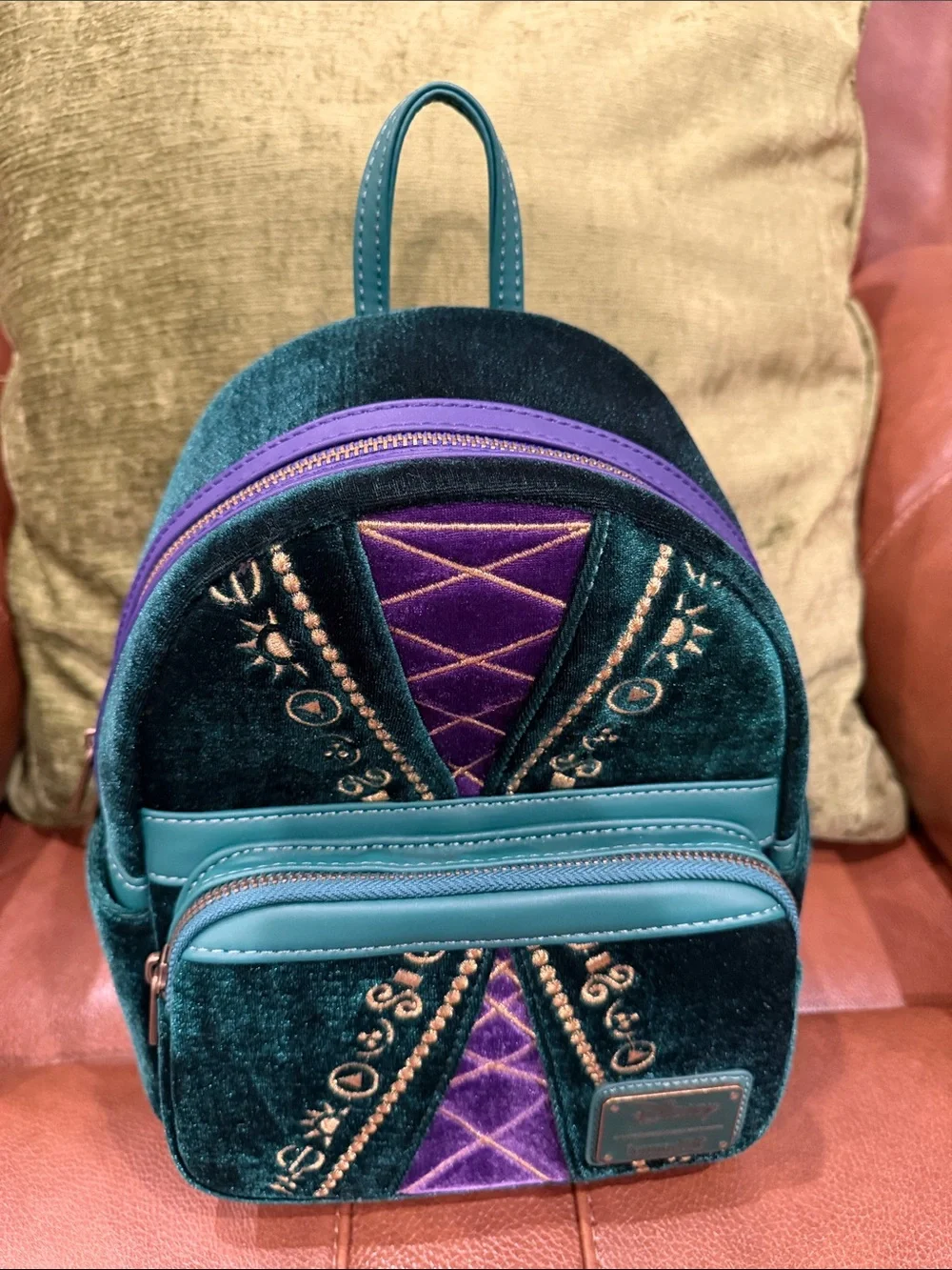 Hocus Pocus Velvet Green and Purple Mini Loungefly Backpack with Gold Embroidery